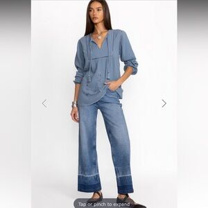 Johnny Was Calme Blue Textured Guaze Tunic Top Embroidered Blouse Tassel